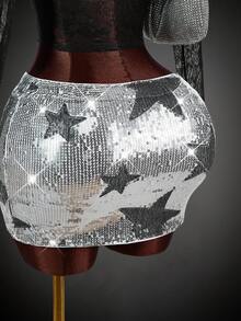 SHEIN ICON Star Pattern Sequin Skirt - Silver - View 3