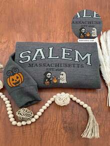 INAWLY Plus Size Halloween Witch Hat Embroidered Sweatshirt, Comfortable Round Neck Embroidered Graphic Sweatshirt For Autumn - Dark Grey - View 1