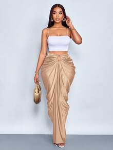 SOLERSUN 女士时尚纯色褶皱半身裙 - 杏色 - 查看 3