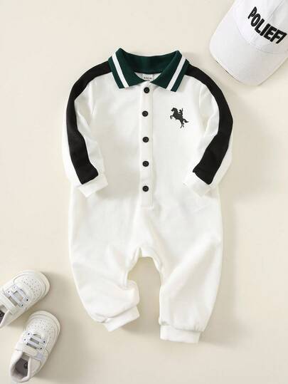 SHEIN 新生男宝宝可爱休闲针织撞色POLO领长袖连体衣，适合生日派对、锐舞派对、晚宴、演出、婚礼、满月庆典、洗礼和一周岁生日等场合，秋冬季穿着。