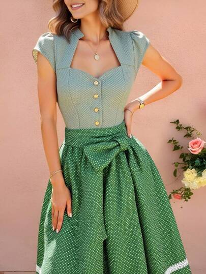 Fairmaia Traditional German Women's Dress With Lace Trim Apron, Milkmaid Dress, Dirndl Dress, Vintage Dress, Green Dress, Polka Dot Dress, Tea Dress, For Oktober, Halloween