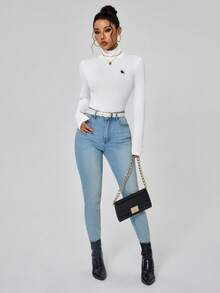 INAWLY Equestrian Print Turtleneck Slim Fit Long Sleeve T-Shirt - White - View 5