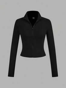 SHEIN EZwear 2pcs Dark Brown & Black Knit Zip-Up Long Sleeve T-Shirts For Women, Autumn/Winter - Multicolor - View 3