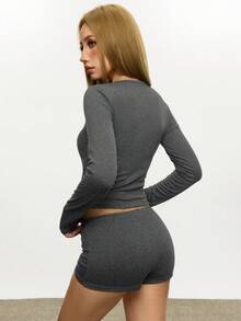 INAWLY Women's Solid Color V-Neck Bodycon T-Shirt And Shorts Set Fall Cloth For Women - Grey - View 3