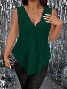 SHEIN Clasi Women's Versatile Ruched Floral Trim Collar Knit Camisole - Dark Green - View 3