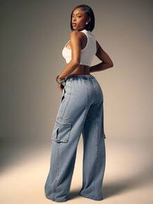 Denimoi Jeans cargo de pierna recta con doblez de moda para otoño e invierno, ropa de calle para mujeres - Lavado ligero - Ver 5