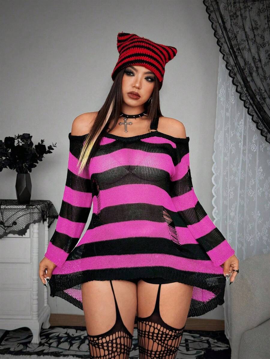 Whyspr Loose Comfortable Hollow Ripped Ring Strap Sweater For Women, Thin Striped Cropped Off-Shoulder Mid-Length - Multicolor - View 1