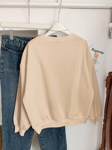SHEIN EZwear Sweat-shirt-shirt ample à col rond imprimé de la Tour Eiffel, style minimaliste décontracté. Manches longues épaisses, convient pour l'automne/l'hiver - Nude - Voir 2