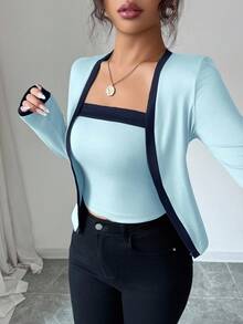 Elenzga 2 件套女士针织拼布优雅开衫和无袖上衣套装 - 彩色 - 查看 4