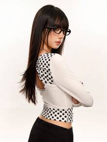 Rina Fox Women's Polka Dot Print Patchwork Hollow Back T-Shirt