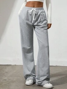 Flirla Tall 灰色 87 刺绣图案罗纹腰带低腰抽绳系带口袋直筒阔腿运动裤，适合高个子女性，秋冬，简约，百搭，休闲，舒适，运动，复古，适合通勤，学校，老师，日常穿着 - 灰色 - 查看 3