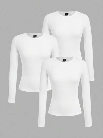 SHEIN EZwear 3pcs Women Crew Neck Casual Fitted Long Sleeve T-Shirt Set, Suitable For Autumn/Winter,White Shirt