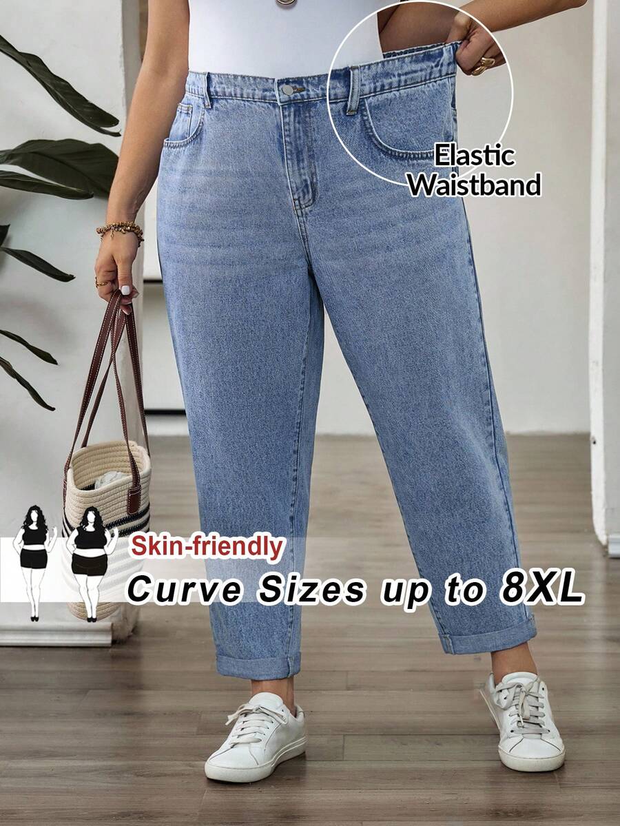 SHEIN CURVE+ 大码宽松水洗破洞锥形七分牛仔裤，蓝色，高腰褶裥细节卷边休闲通勤牛仔裤，夏季宽松高腰胡萝卜裤，秋季返校季万圣节教师节，春秋季 - 藍色 - 查看 1