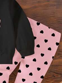 1 Set Baby Mädchen Lässig Süß Herz & Schleife Muster Sweatshirt mit Rundhalsausschnitt und Leggings Set, Rosa und Schwarz, bequeme Herbstoutfits, geeignet für Herbst/Winter