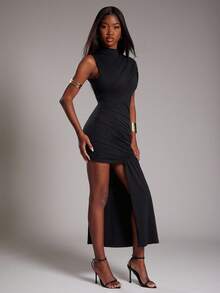 NYA SZN 连衣裙 短袖 立领 修身 紧身 褶饰细节 垂坠细节 特殊场合 婚礼 约会 早午餐 活动 夜晚外出 派对 俱乐部 迷你长度 秋冬 适合通勤 女士服装 - 黑色 - 查看 6