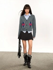 Rina Fox Vintage American Diamond Pattern Jacquard Knit Cardigan - Dark Grey - View 3