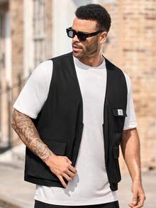 EASEVO Plus Size Men's Casual Everyday Zip-Up Flap Pocket Vest, For Fall Winter - Black - View 3