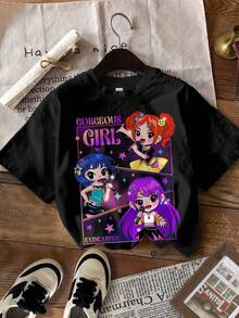 SHEIN Leap Crew 少女黑色卡通女孩，K-Pop 超级明星图案休闲简约短袖圆领T恤，适合所有季节日常穿着，秋季，轻松舒适，秋季叠穿，时尚休闲，图案精美，秋日时尚，秋季新款，冬季时尚，返校季，返校节，观点 - 黑色 - 查看 3