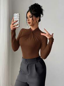 Firerie 优雅现代性感时尚休闲家居服百搭红色荷叶边领紧身衣，长袖紧身衣 - 咖啡棕 - 查看 6