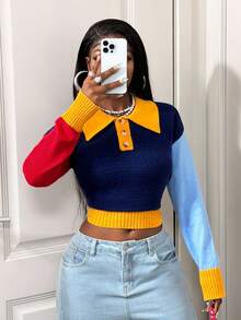 BamGleam Suéter de Tricô Casual com Mangas Longas, Gola Colorida para Outono/Inverno Feminino - Multicolorido - Visão 4