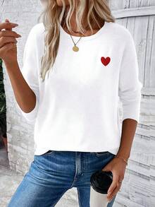 EMERY ROSE Women's New Fashion Heart Print Round Neck Long Sleeve T-Shirt - White - View 5