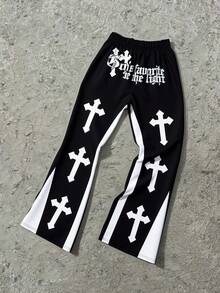 SHEIN 青少年/青少年男孩休闲日常舒适印花拼接宽松直筒针织运动裤 - 黑色 - 查看 1