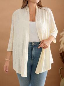 EMERY ROSE Plus Size Casual Solid Color Textured Jacket, Plus Size Lace Jacket, Plus Size Open Front Cardigan, Autumn - Apricot - View 6