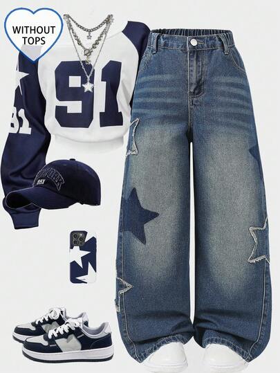 Tween Girls Y2K 休闲松紧腰星星刺绣水洗蓝阴影磨损下摆阔腿宽松百搭百搭日常穿着四季热销直筒牛仔裤，街头服饰