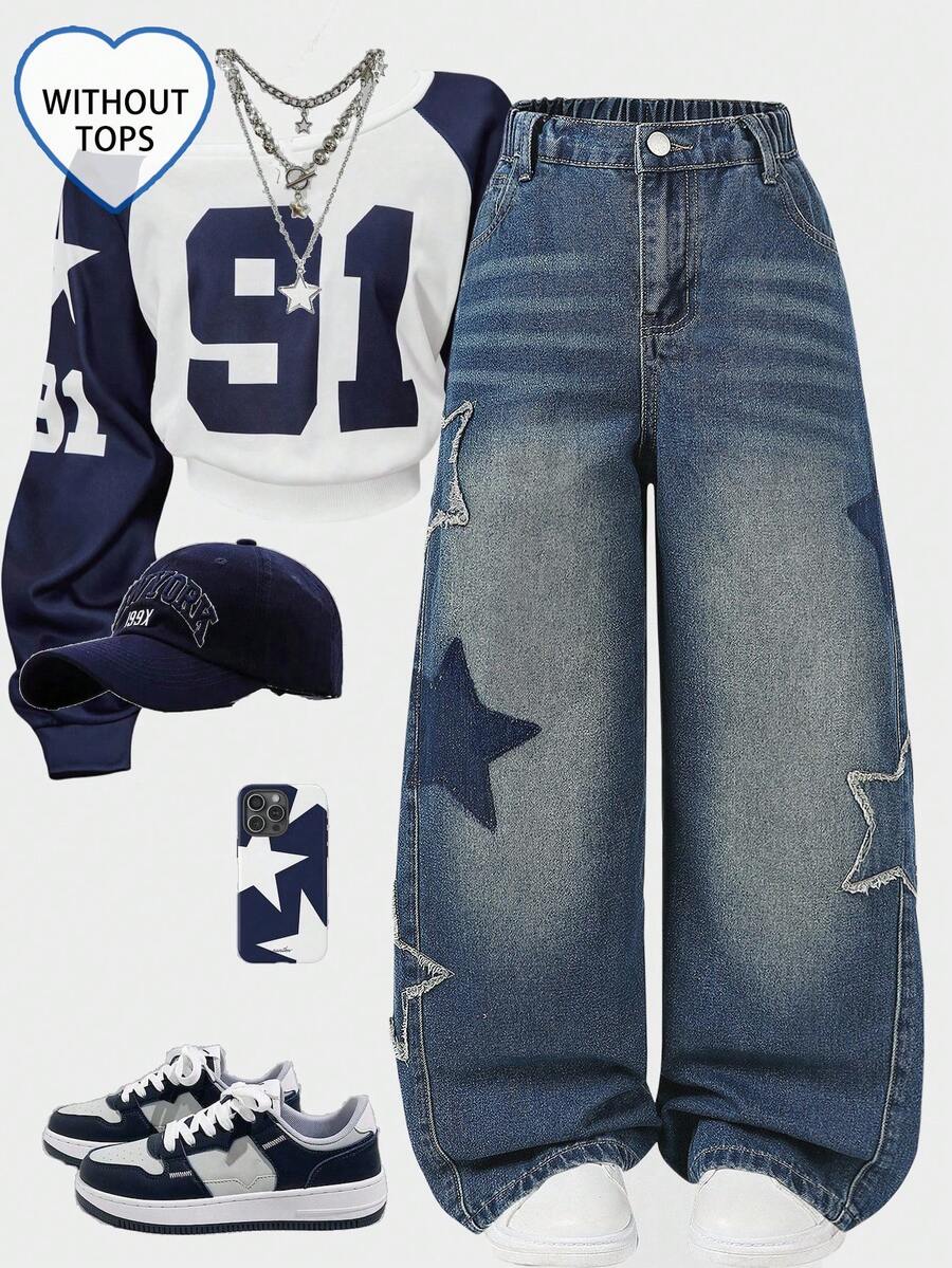 Tween Girls Y2K 休闲松紧腰星星刺绣水洗蓝阴影磨损下摆阔腿宽松百搭百搭日常穿着四季热销直筒牛仔裤，街头服饰 - 中等水洗藍 - 查看 1