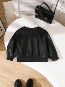 Áo khoác da PU cổ tròn tay dài màu nâu phong cách đường phố dành cho bé gái, thiết kế đơn giản với hàng nút viền đen đơn, túi giả, cổ tay và gấu áo có gân, áo khoác thời trang và thoải mái cho mùa xuân/thu - màu đen - Xem 2