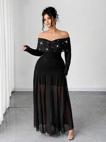 Elenzga Women's Elegant Off Shoulder Sequin Dress - Black - View 8