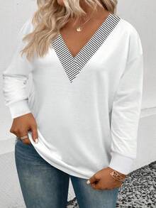 EMERY ROSE 女士秋冬新款V领条纹印花拼接休闲百搭长袖大码T恤 - 白色 - 查看 3