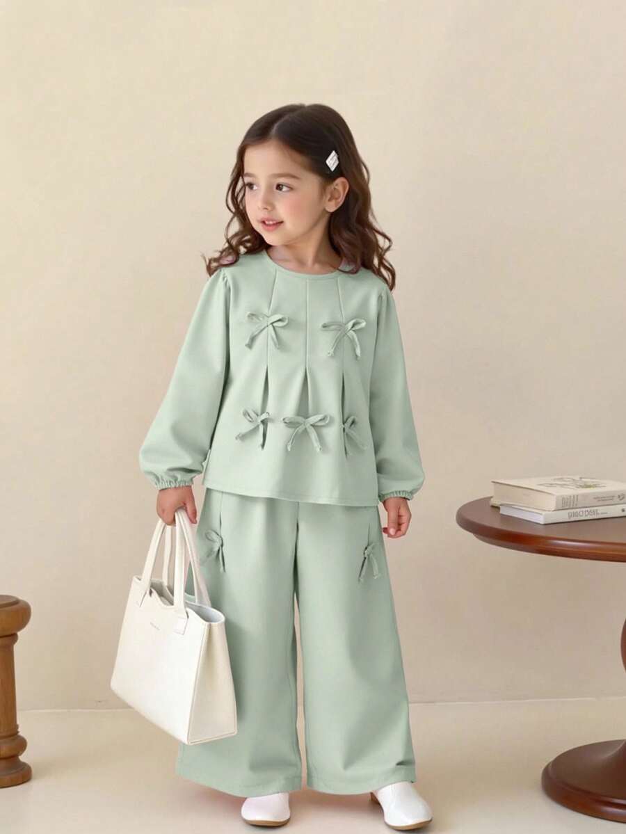 SHEIN Playful Pals 2pcs/Set Young Girl Stylish & Sweet Bow Decor Top + Wide Leg Pants Outfit, Spring/Autumn Fall Winter