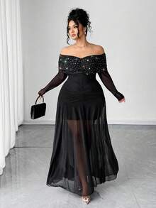 Elenzga Women's Elegant Off Shoulder Sequin Dress - Black - View 7