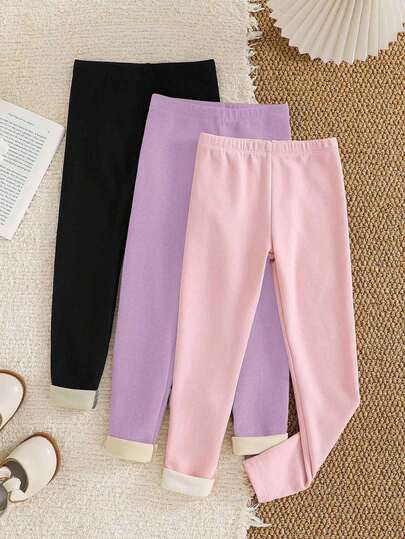 3pcs/Set Young Girl Solid Color Fitted Casual Leggings, Back To School, Fall Winter Clothes