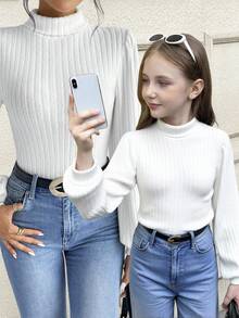 SHEIN 少女纯白色罗纹高领灯笼长袖T恤，休闲日常穿着，可与妈妈亲子装搭配，时尚秋季款