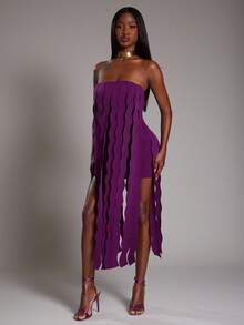 NYA SZN 连衣裙露肩无袖飘逸荷叶边细节特殊场合生日可爱活动秋冬适合女士通勤装 - Bold Plum - 查看 3