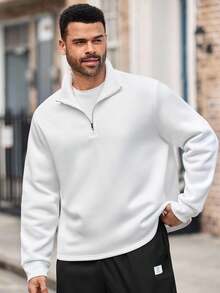 EASEVO Men's Plus Size Fashion Casual Solid Color Half Zip Pullover Sweatshirt, Fall, Winter, Long Sleeve Top - White - View 4