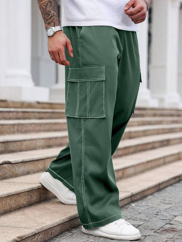 Manfinity Homme Pantalones rectos holgados con bolsillo con solapa para hombres talla grande, para el otoño
