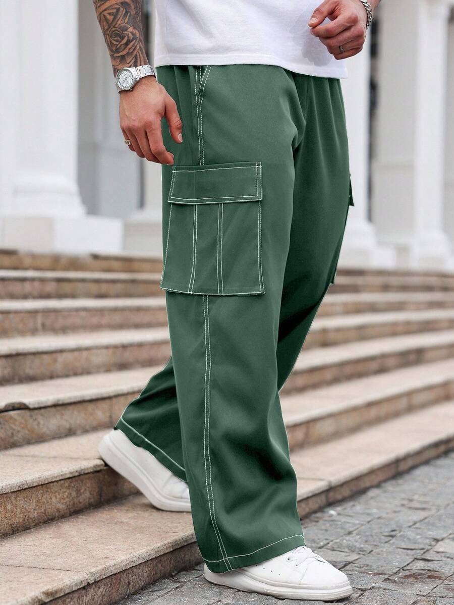 Manfinity Homme Plus Size Men's Casual Everyday Flap Pocket Loose Straight Leg Pants, For Fall - Dark Green - View 1