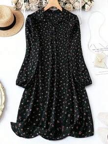 SHEIN Clasi Plus Ditsy Floral Print Lantern Sleeve Dress Fall Cloth For Women