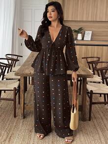 SHEIN LUNE Plus Size Heart Print Shirt And Pants 2 Pieces Set - Multicolor - View 6