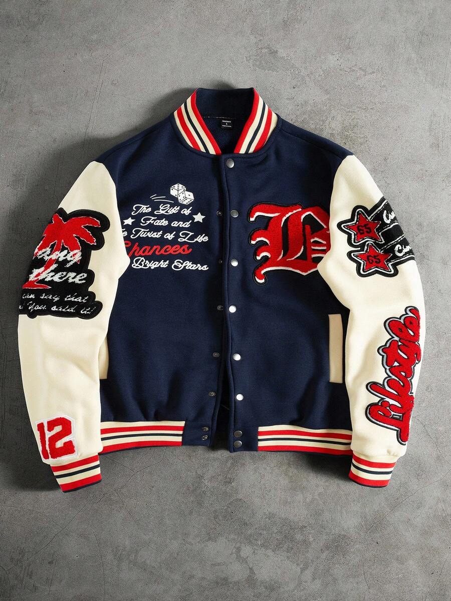 PAVTROS 男士长袖休闲学院风贴布纽扣棒球夹克，秋季男士印花棒球夹克，圣诞节