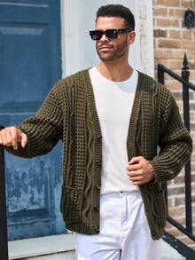 EASEVO Plus Size Men's Solid Color Long Sleeve Cardigan, For Fall Winter