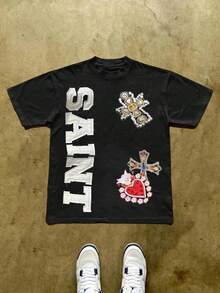 Manfinity Dauomo Y2K Retro Streetwear Men's, Rhinestone Print Pattern T-Shirt, Casual Cross Design, Fashion Men's T-Shirt - Black - View 1