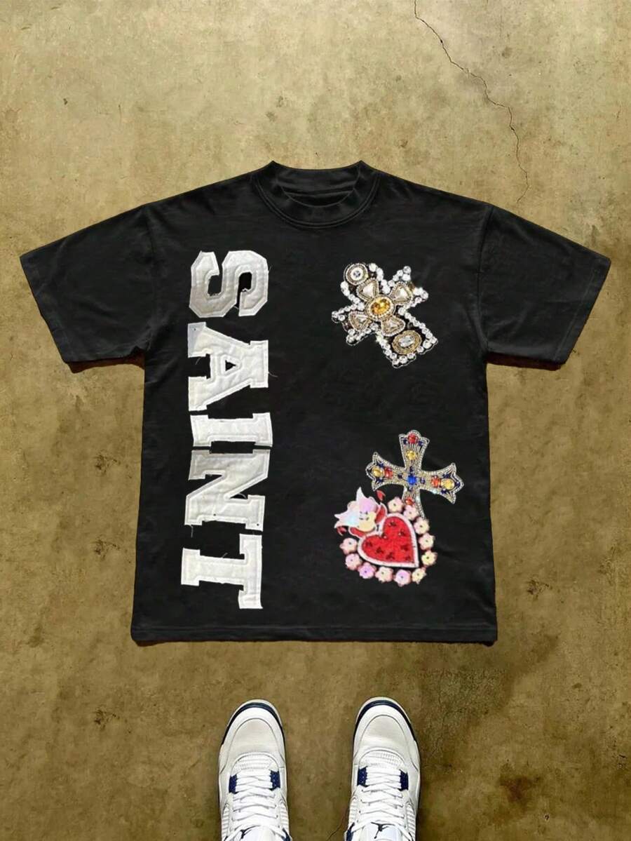 Manfinity Dauomo Y2K Retro Streetwear Men's, Rhinestone Print Pattern T-Shirt, Casual Cross Design, Fashion Men's T-Shirt - Black - View 1