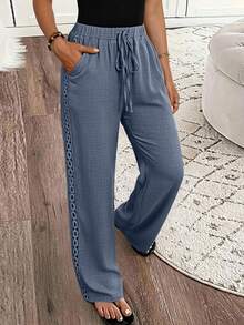 SHEIN LUNE Women Denim Effect Solid Color Pocket Side Ruffle Casual Pants For New Year Clothes Fall Cloth For Women