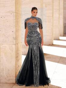 Glamrae 优雅奢华珍珠亮片网眼美人鱼连衣裙，流苏袖设计，适合婚礼、派对、度假、舞会礼服（重饰） - 黑色 - 查看 1