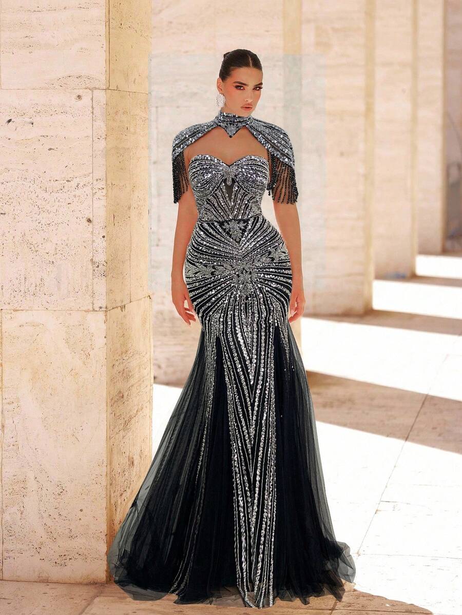 Glamrae 优雅奢华珍珠亮片网眼美人鱼连衣裙，流苏袖设计，适合婚礼、派对、度假、舞会礼服（重饰） - 黑色 - 查看 1