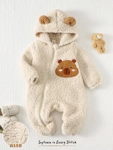 Cozy Pixies 男婴秋冬卡通图案保暖内衬连帽长袖连体衣，百搭舒适 - 杏色 - 查看 9